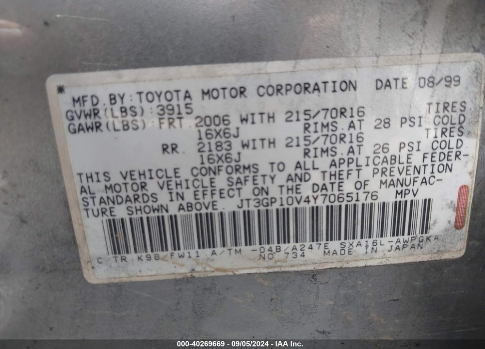 2000 TOYOTA RAV4 VIN: JT3GP10V4Y7065176