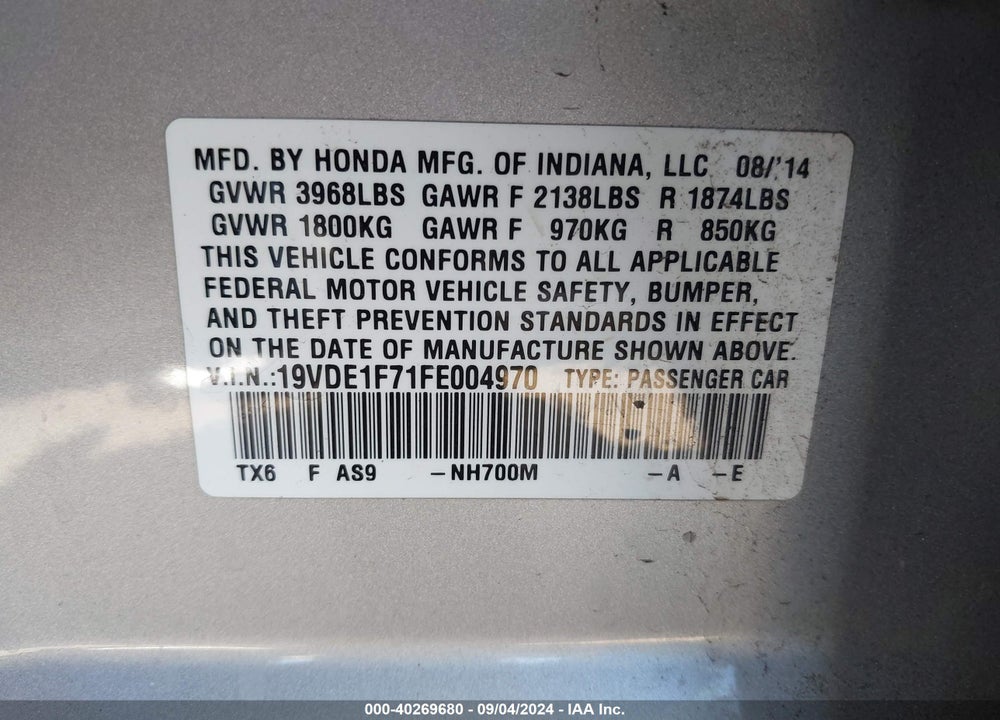 2015 ACURA ILX 2.0L VIN: 19VDE1F71FE004970