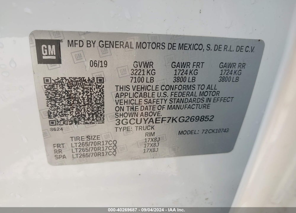 2019 CHEVROLET SILVERADO 1500 WORK TRUCK VIN: 3GCUYAEF7KG269852