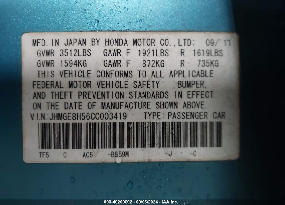 2012 HONDA FIT SPORT VIN: JHMGE8H56CC003419