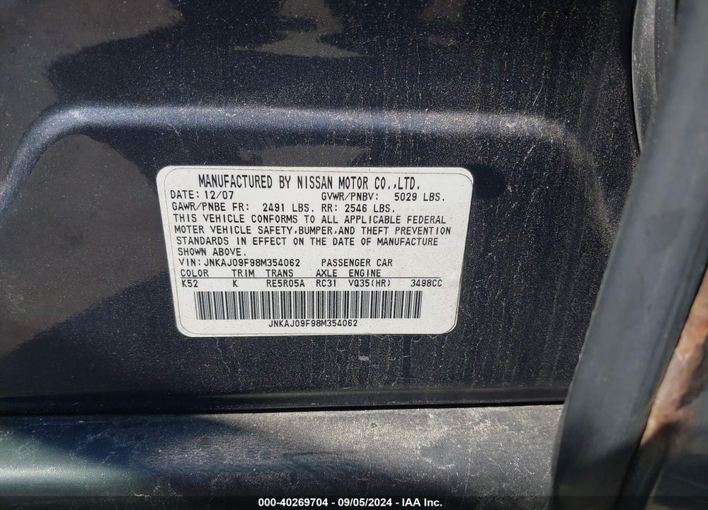 2008 INFINITI EX35 VIN: JNKAJ09F98M354062