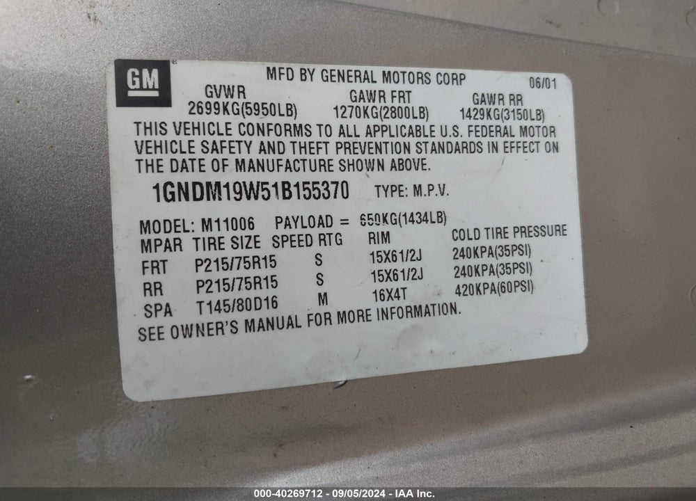 2001 CHEVROLET ASTRO LS VIN: 1GNDM19W51B155370