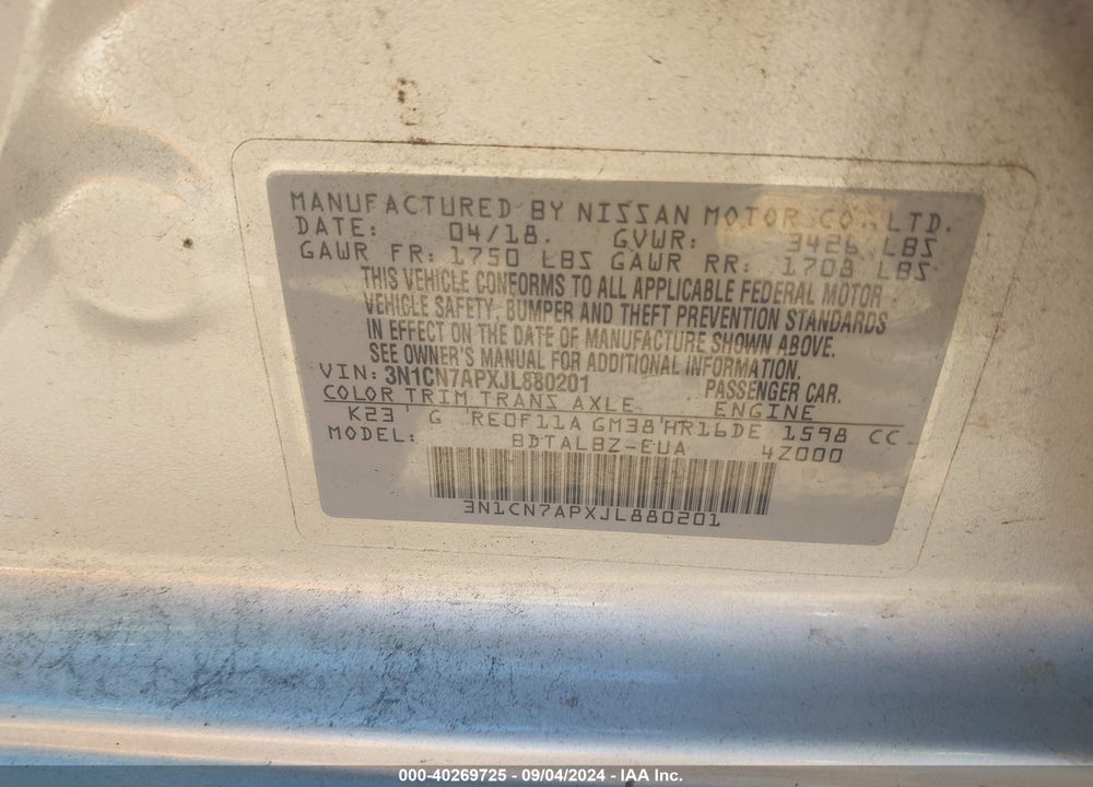 2018 NISSAN VERSA 1.6 SV VIN: 3N1CN7APXJL880201