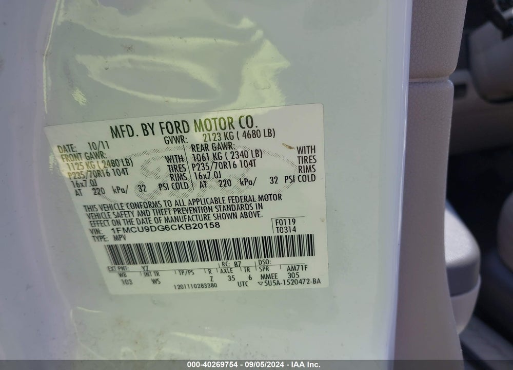 2012 FORD ESCAPE XLT VIN: 1FMCU9DG6CKB20158