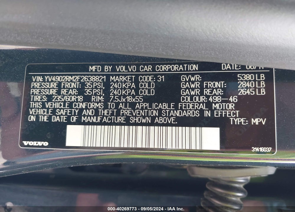 2015 VOLVO XC60 T6 PLATINUM VIN: YV4902RM2F2638821
