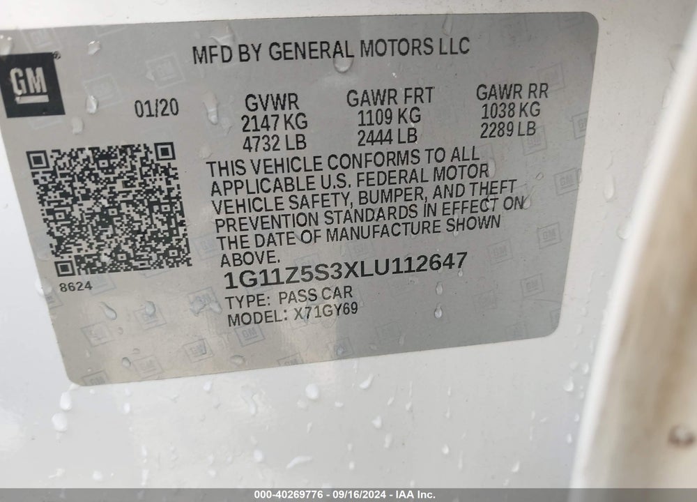 2020 CHEVROLET IMPALA FWD LT VIN: 1G11Z5S3XLU112647