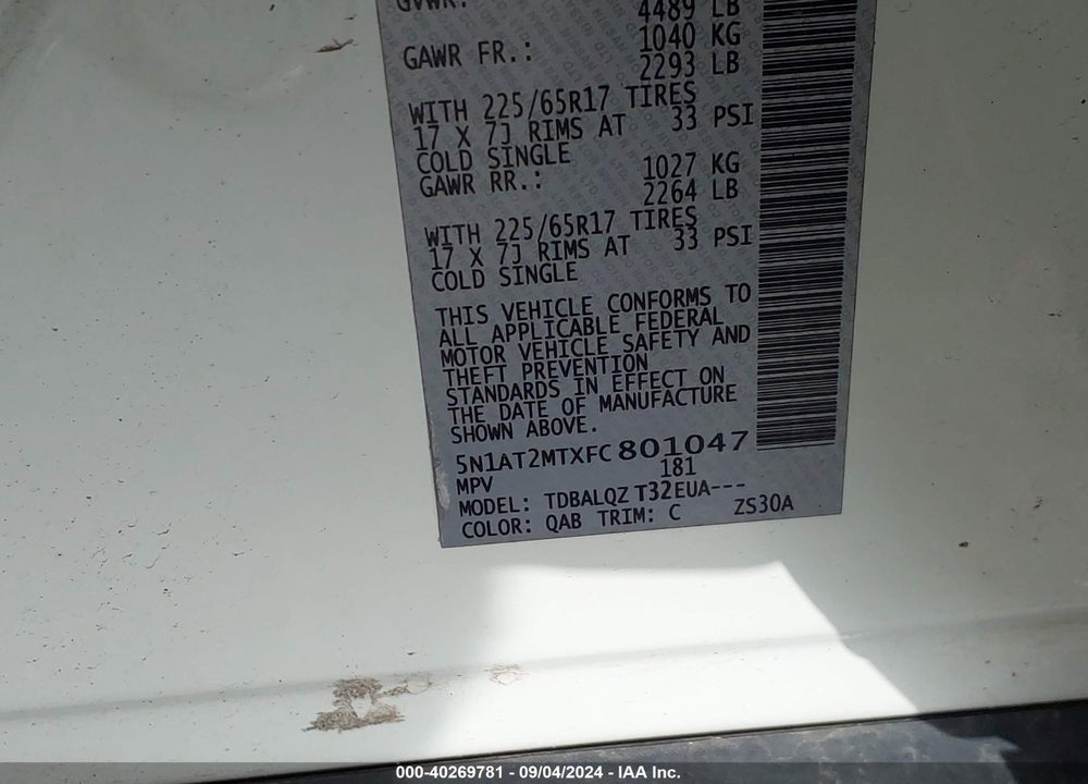 2015 NISSAN ROGUE VIN: 5N1AT2MTXFC801047