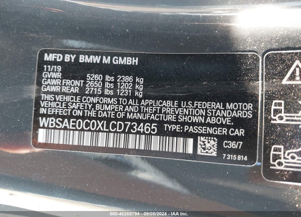 2020 BMW M8 COMPETITION VIN: WBSAE0C0XLCD73465