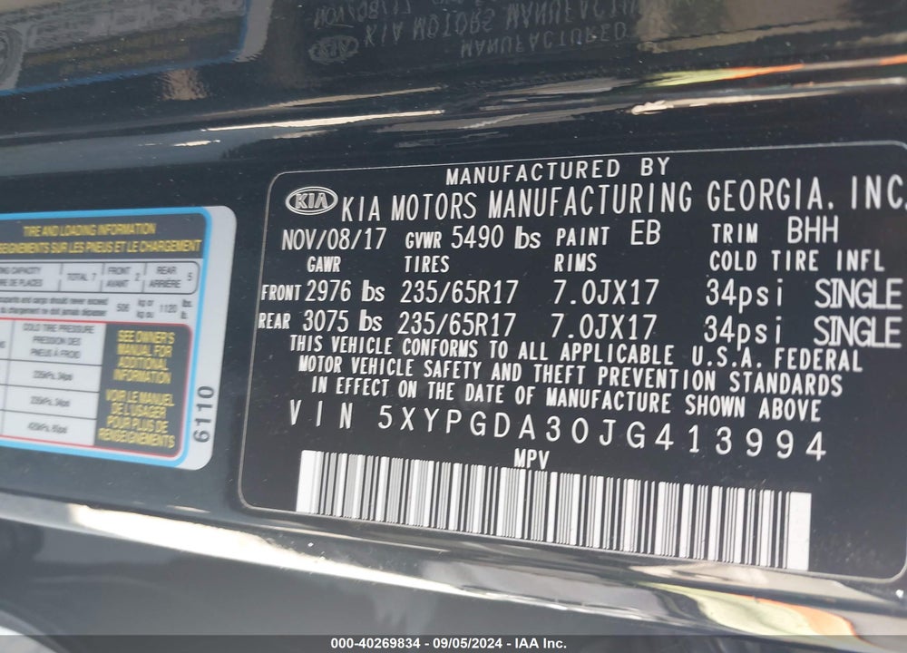 2018 KIA SORENTO 2.4L LX VIN: 5XYPGDA30JG413994