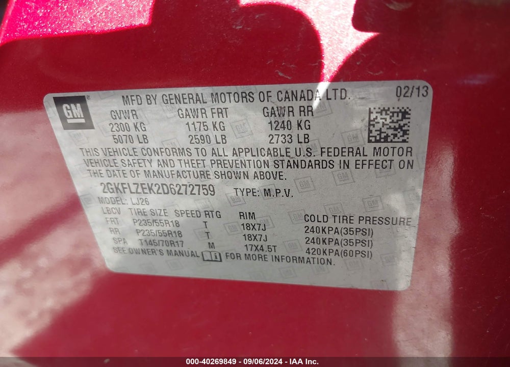 2013 GMC TERRAIN VIN: 2GKFLZEK2D6272759