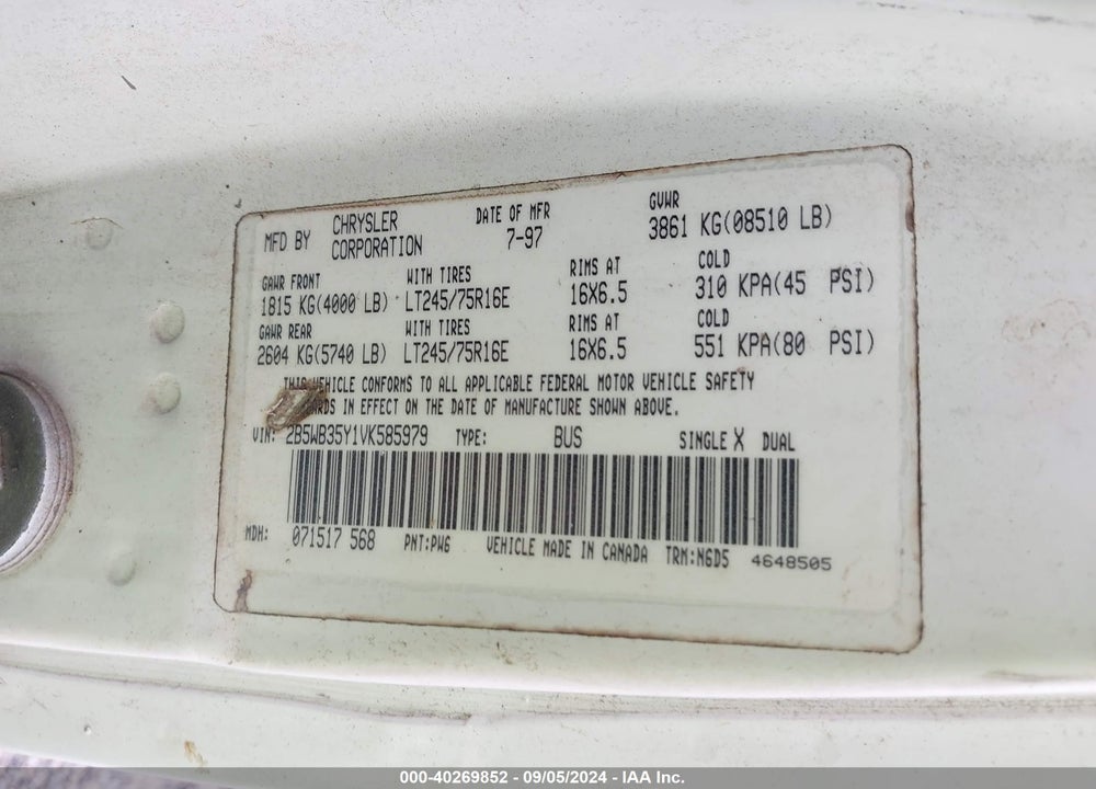 1997 DODGE RAM  3500 VALUE VIN: 2B5WB35Y1VK585979