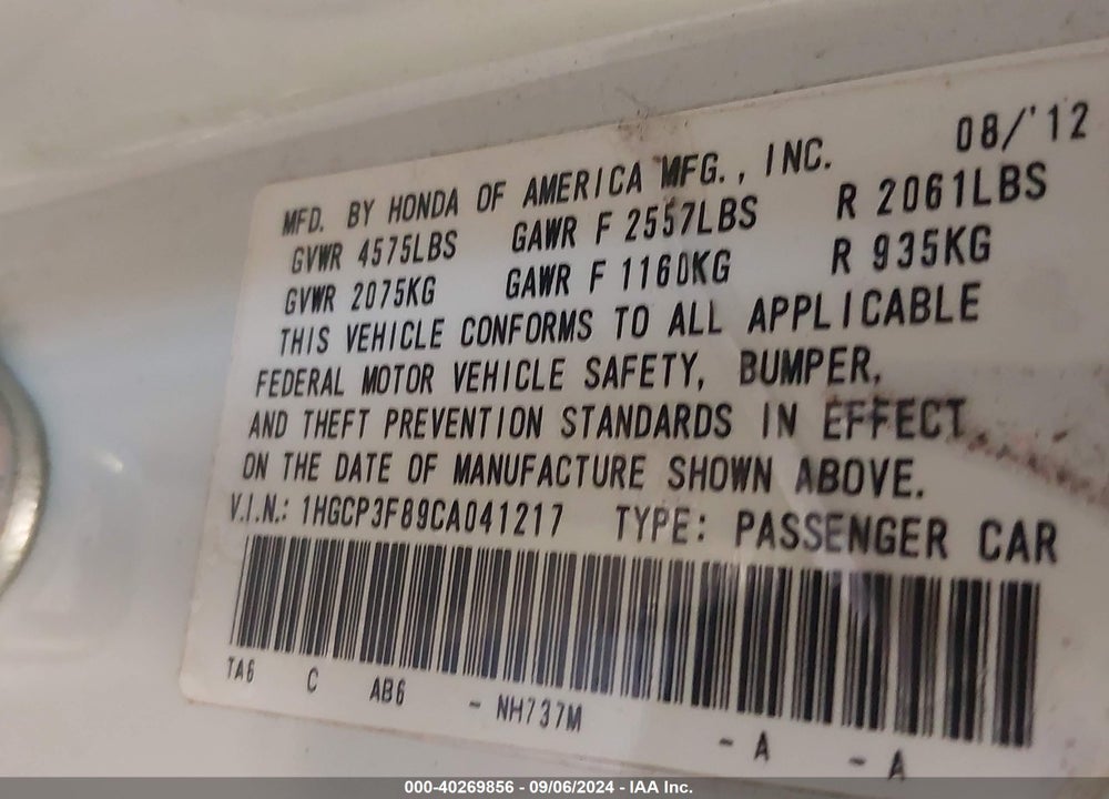 2012 HONDA ACCORD 3.5 EX-L VIN: 1HGCP3F89CA041217