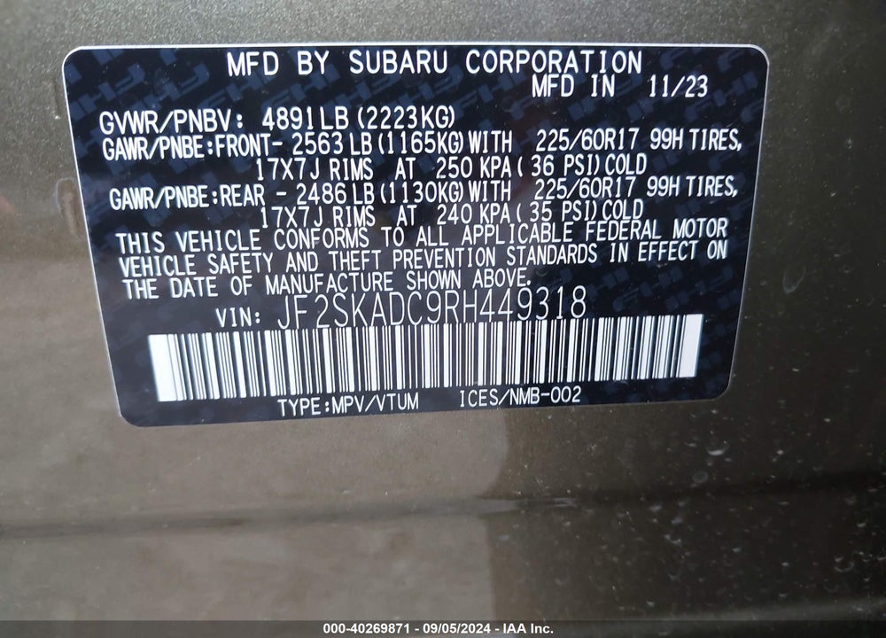 2024 SUBARU FORESTER PREMIUM VIN: JF2SKADC9RH449318