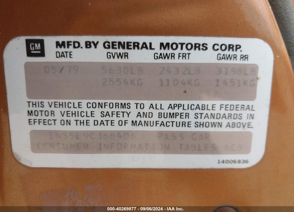 1979 CHEVROLET CAPRICE VIN: 1N35L9C168406