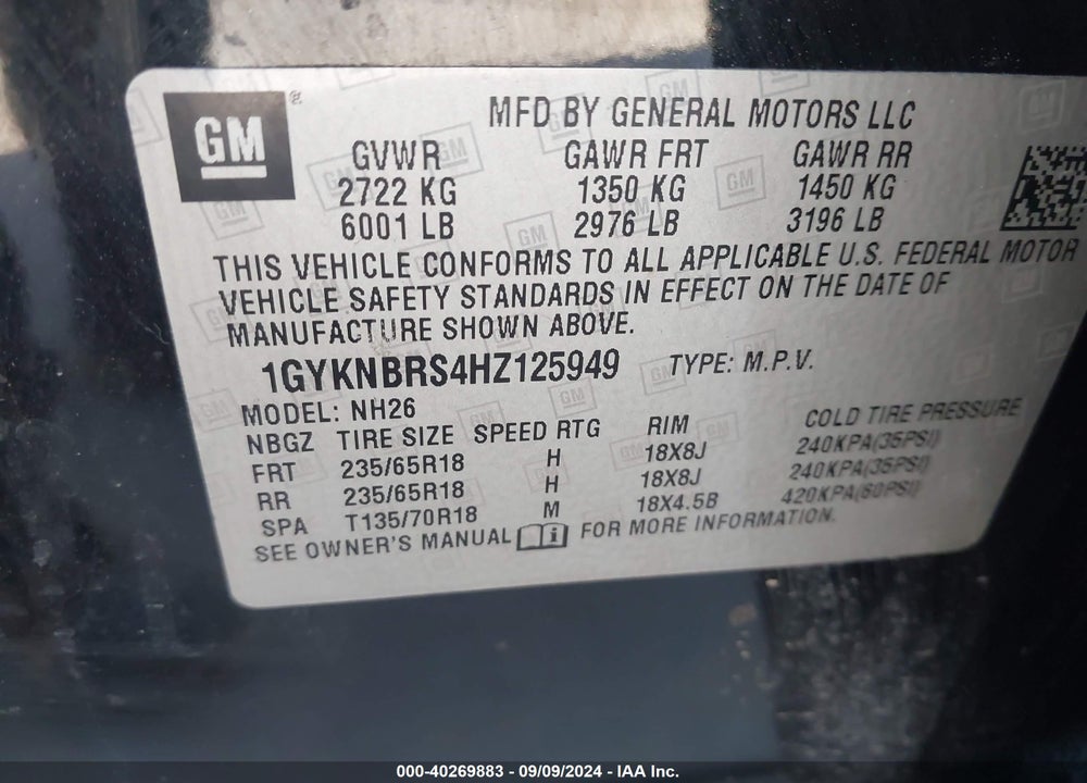 2017 CADILLAC XT5 LUXURY VIN: 1GYKNBRS4HZ125949