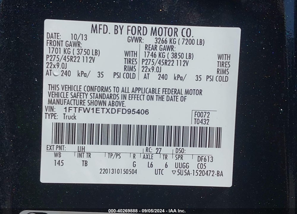 2013 FORD F-150 LIMITED VIN: 1FTFW1ETXDFD95406
