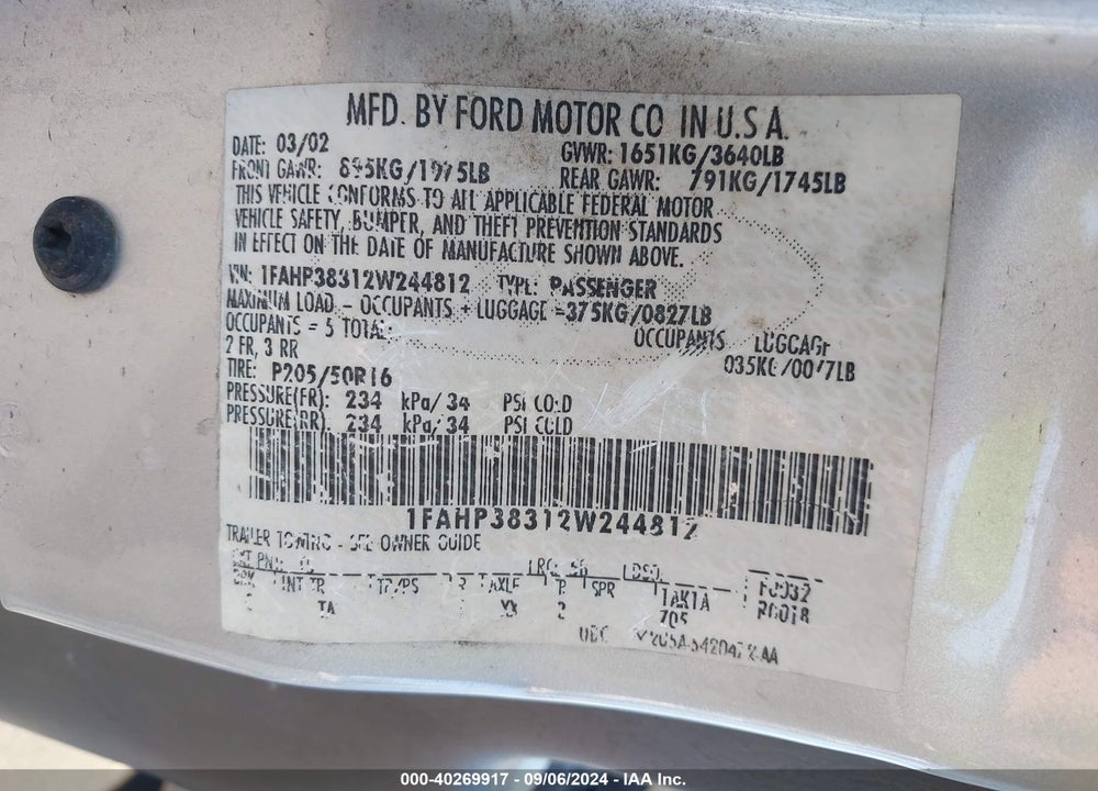 2002 FORD FOCUS ZTS VIN: 1FAHP38312W244812