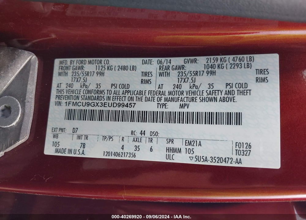 2014 FORD ESCAPE SE VIN: 1FMCU9GX3EUD99457