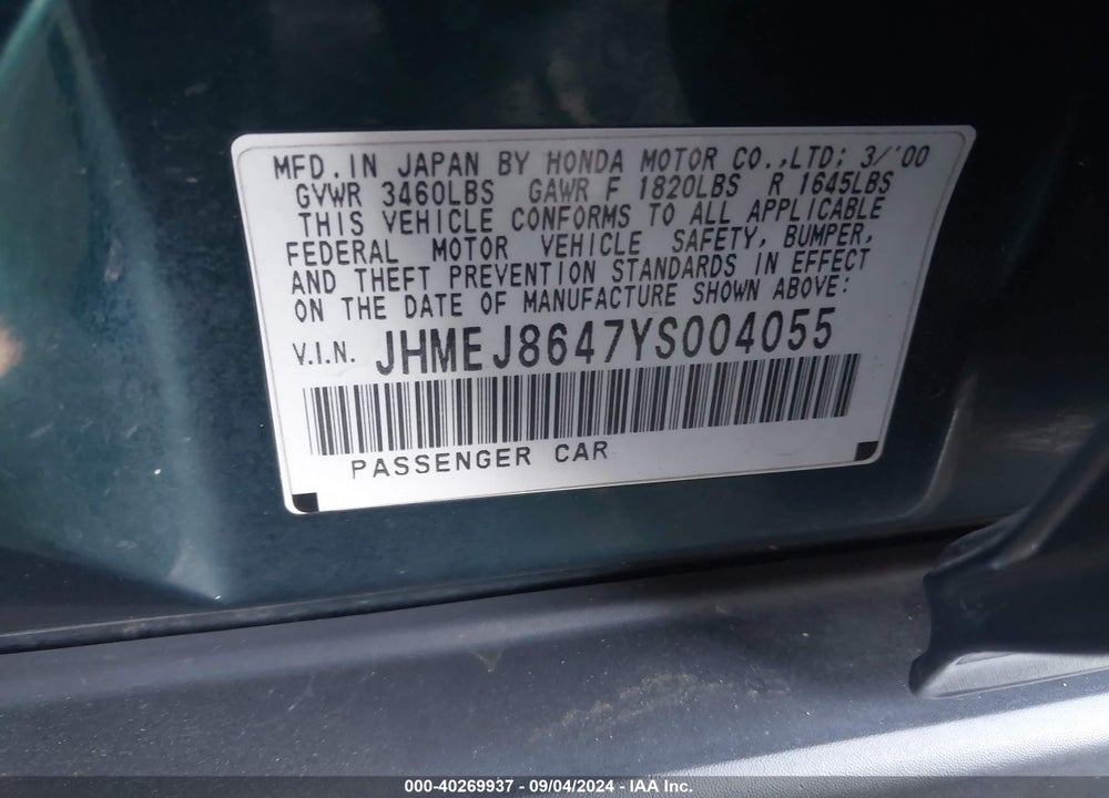 2000 HONDA CIVIC EX VIN: JHMEJ8647YS004055