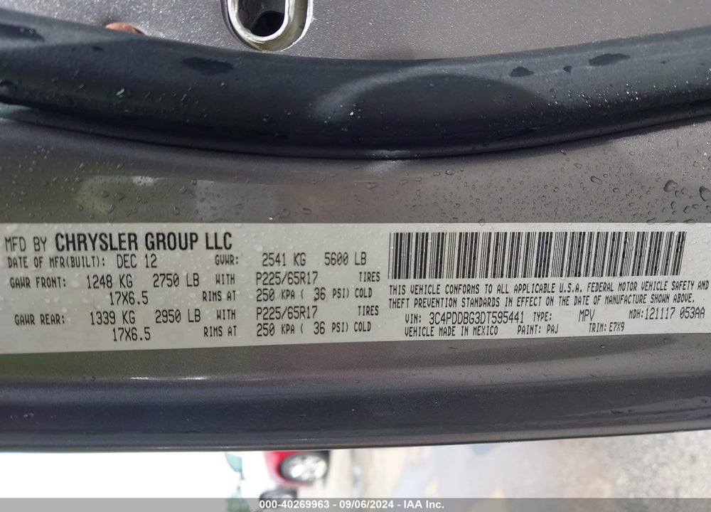 2013 DODGE JOURNEY SXT VIN: 3C4PDDBG3DT595441