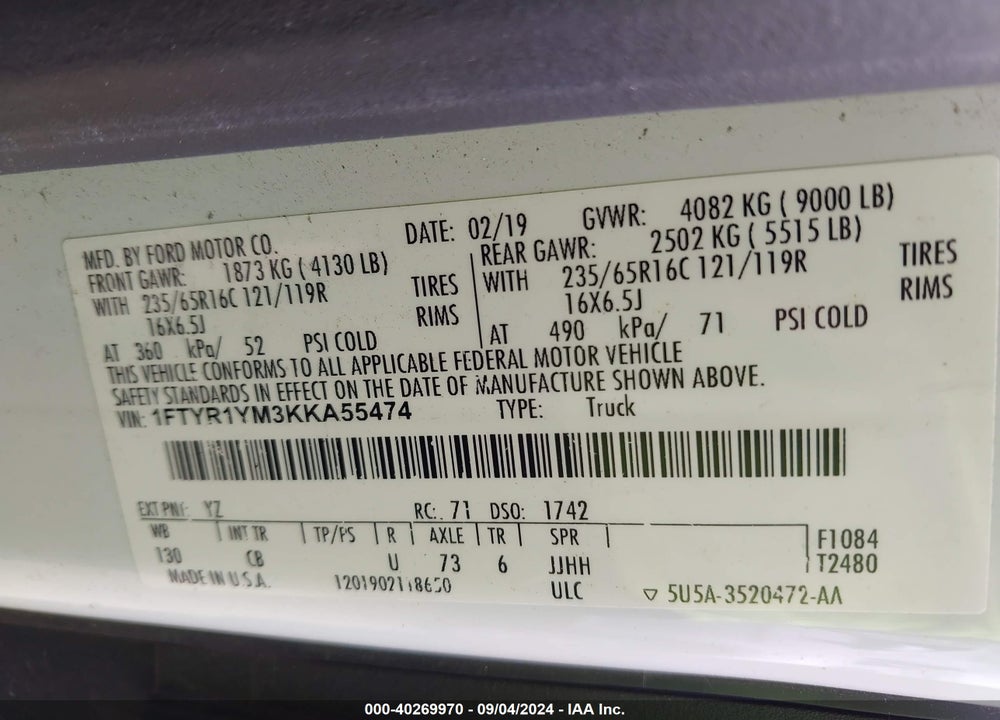 2019 FORD TRANSIT-250 VIN: 1FTYR1YM3KKA55474