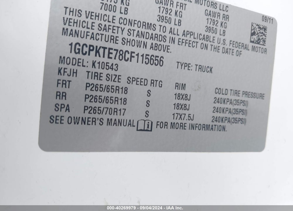 2012 CHEVROLET SILVERADO 1500 VIN: 1GCPKTE78CF115656