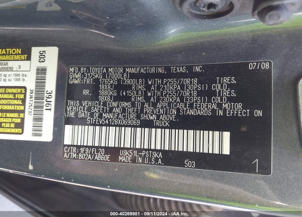 2008 TOYOTA TUNDRA BASE 5.7L V8 VIN: 5TFEV54128X069069