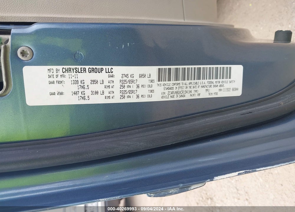 2012 VOLKSWAGEN ROUTAN SE VIN: 2C4RVABGXCR194104