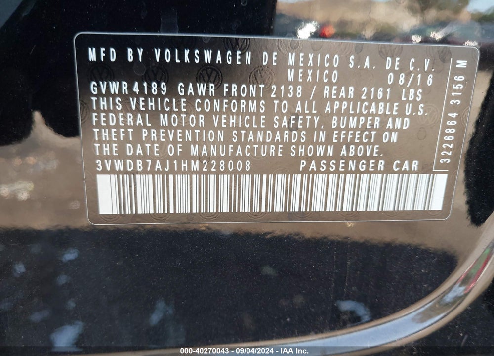 2017 VOLKSWAGEN JETTA 1.4T SE VIN: 3VWDB7AJ1HM228008