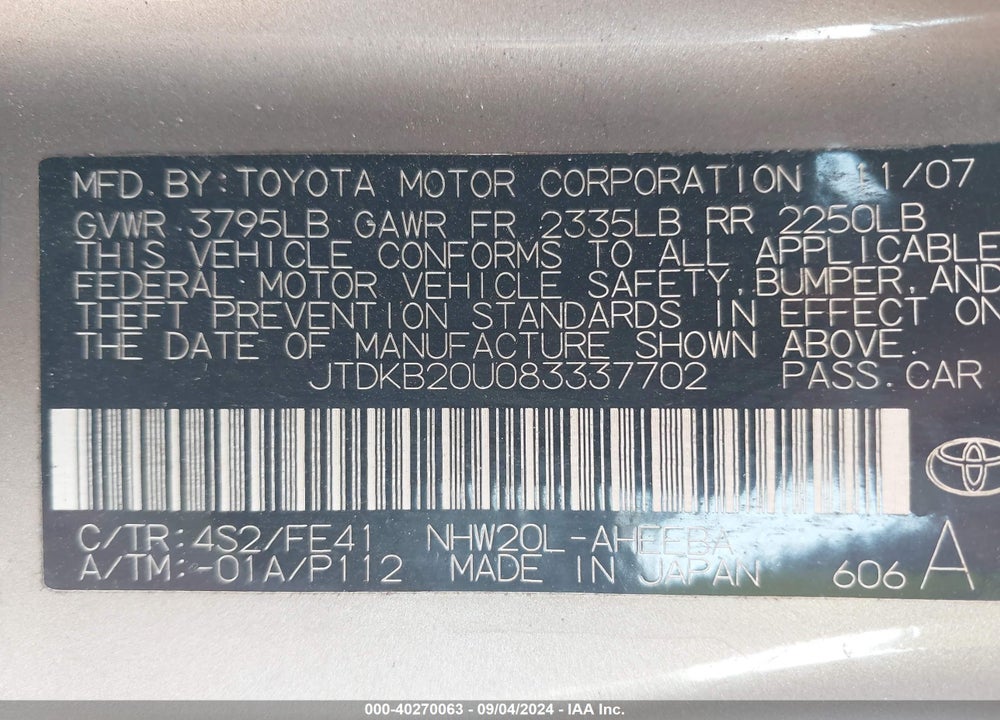 2008 TOYOTA PRIUS VIN: JTDKB20U083337702