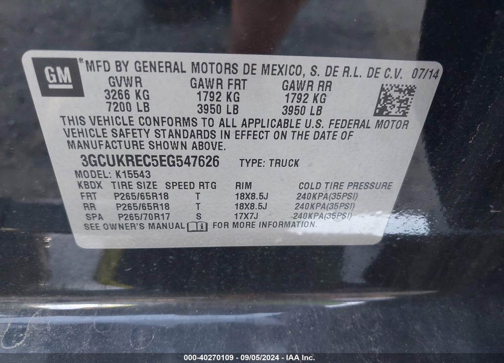 2014 CHEVROLET SILVERADO 1500 1LT VIN: 3GCUKREC5EG547626