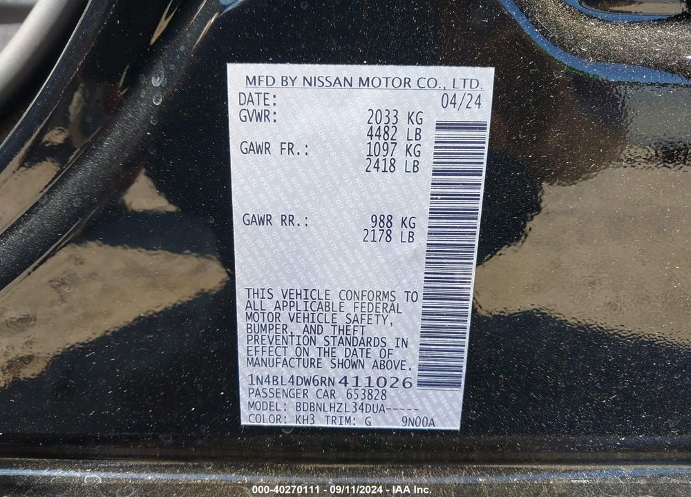 2024 NISSAN ALTIMA SV INTELLIGENT AWD VIN: 1N4BL4DW6RN411026