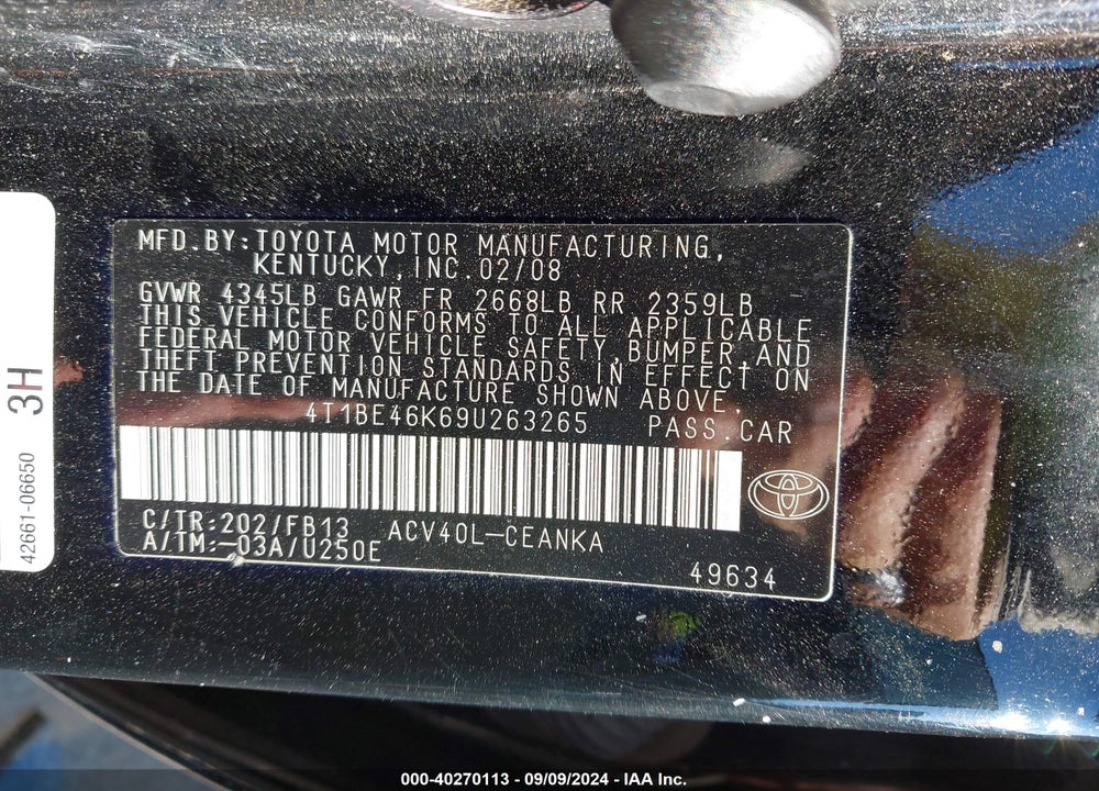 2009 TOYOTA CAMRY LE VIN: 4T1BE46K69U263265
