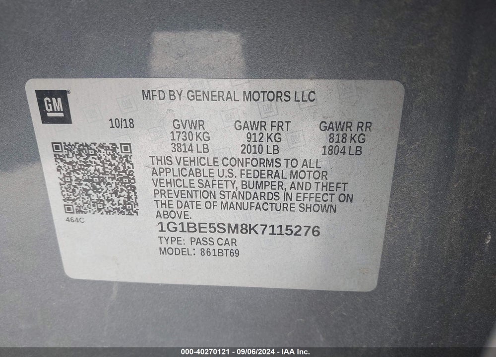 2019 CHEVROLET CRUZE VIN: 1G1BE5SM8K7115276