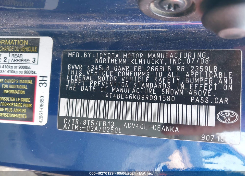 2009 TOYOTA CAMRY LE VIN: 4T4BE46K09R091580