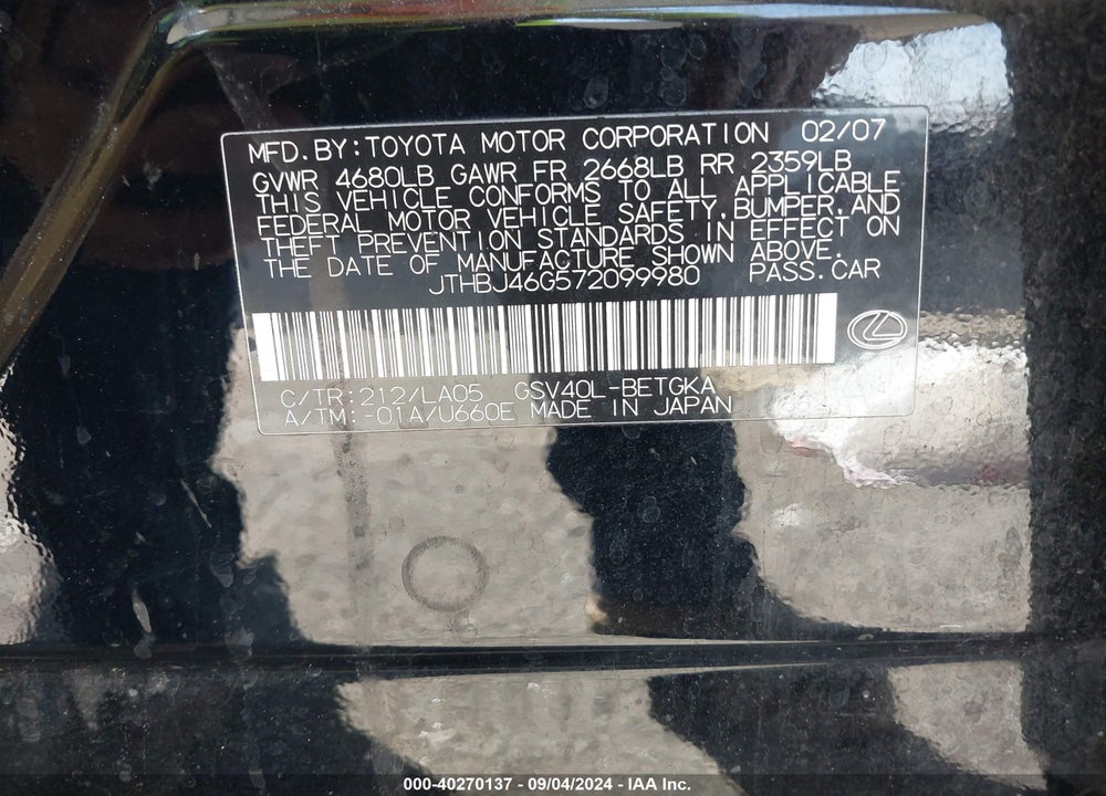 2007 LEXUS ES 350 VIN: JTHBJ46G572099980