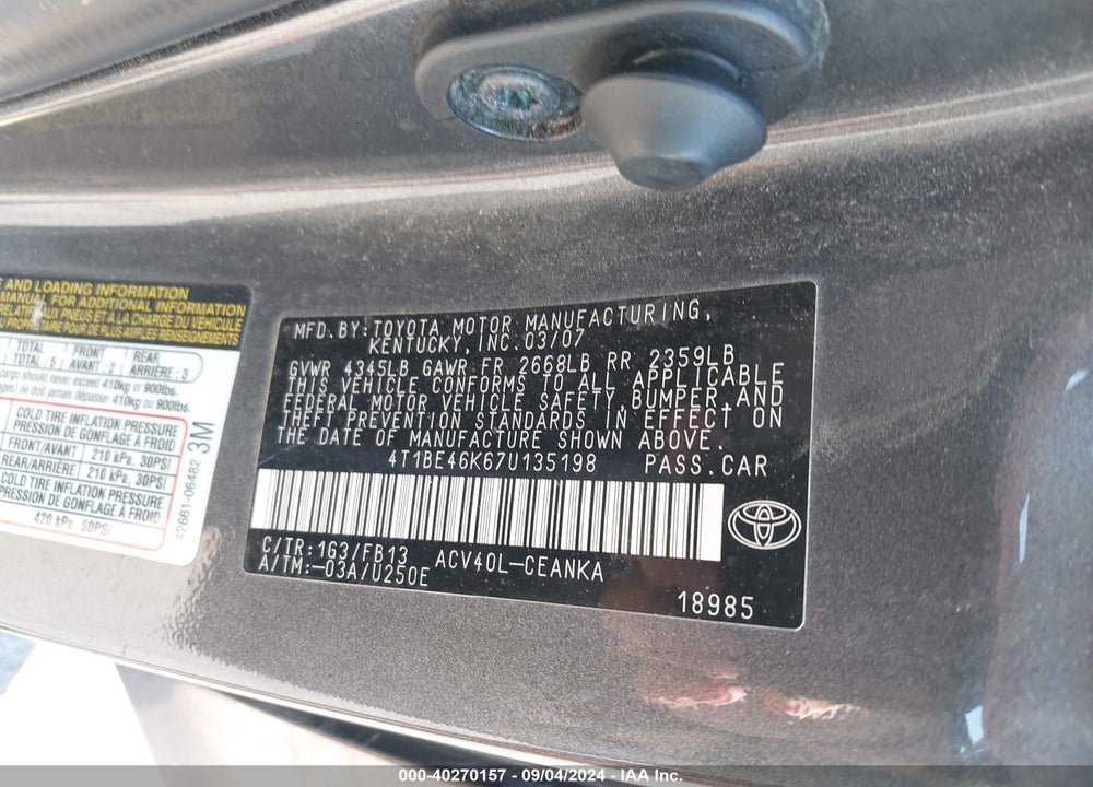 2007 TOYOTA CAMRY VIN: 4T1BE46K67U135198