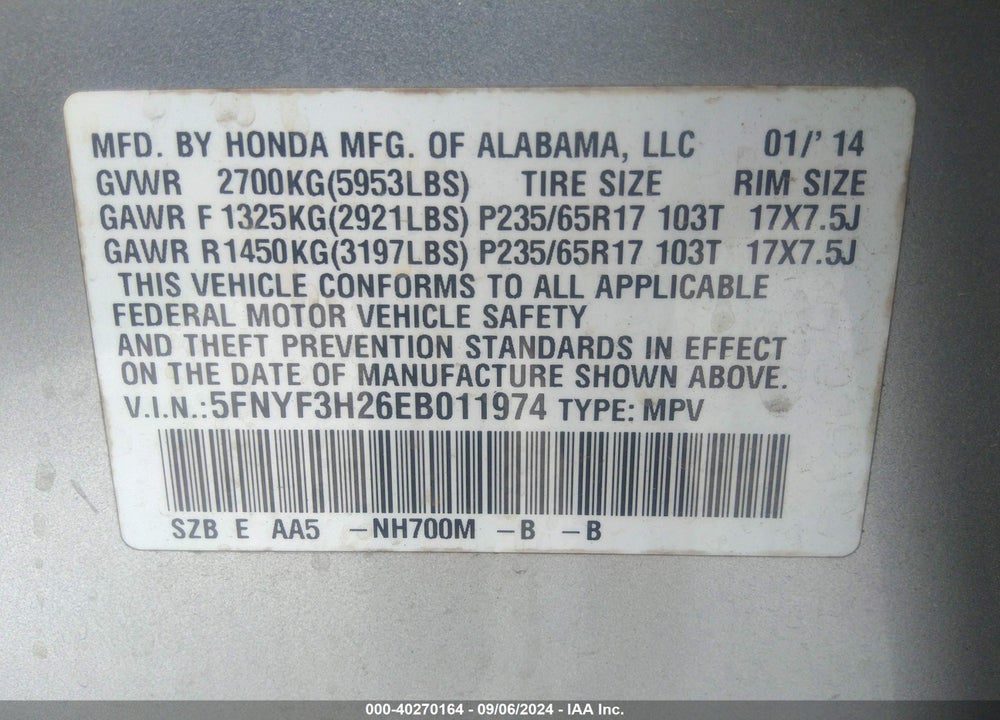 2014 HONDA PILOT LX VIN: 5FNYF3H26EB011974