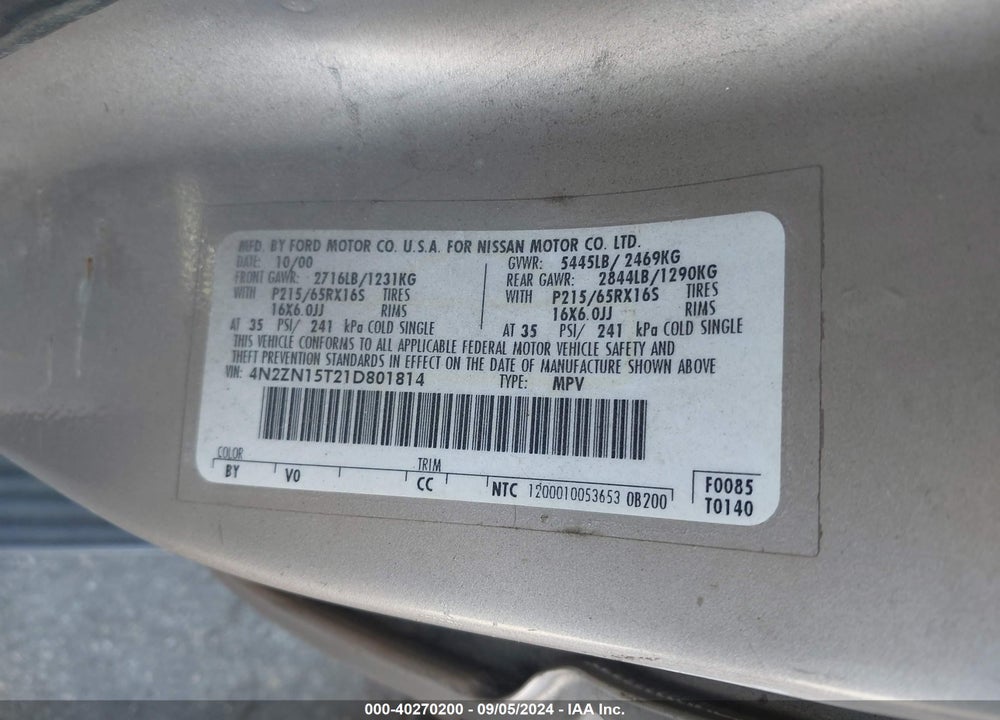 2001 NISSAN QUEST GXE VIN: 4N2ZN15T21D801814