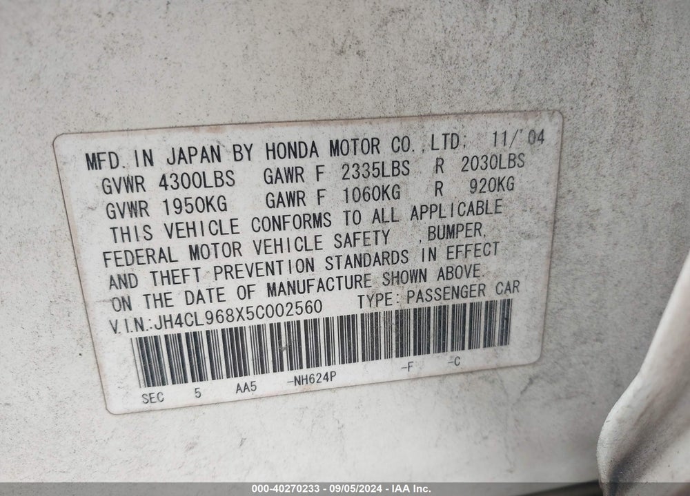 2005 ACURA TSX VIN: JH4CL968X5C002560