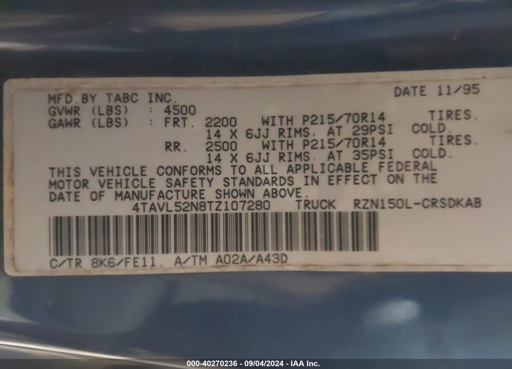 1996 TOYOTA TACOMA XTRACAB VIN: 4TAVL52N8TZ107280