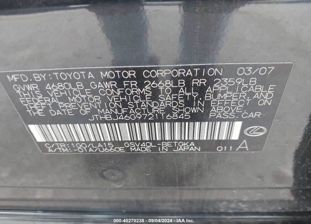 2007 LEXUS ES 350 VIN: JTHBJ46G972116845