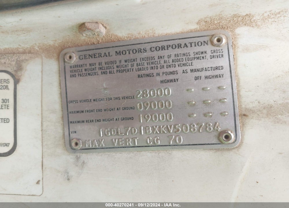 1989 GMC C7000 C7D042 VIN: 1GDL7D1BXKV508784
