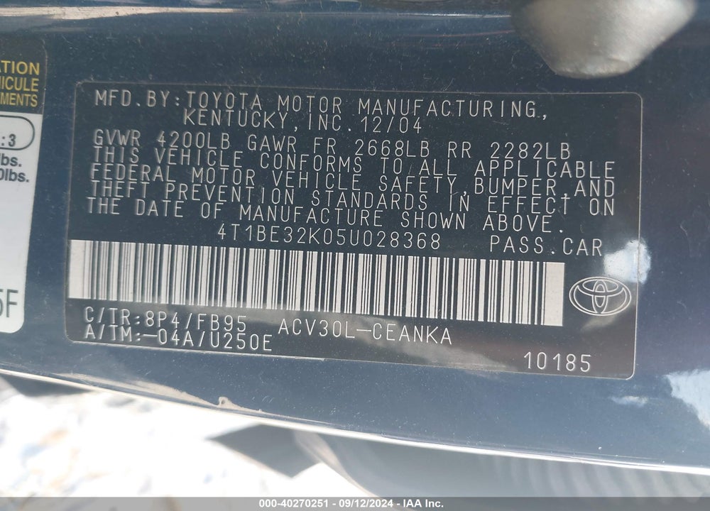 2005 TOYOTA CAMRY LE VIN: 4T1BE32K05U028368