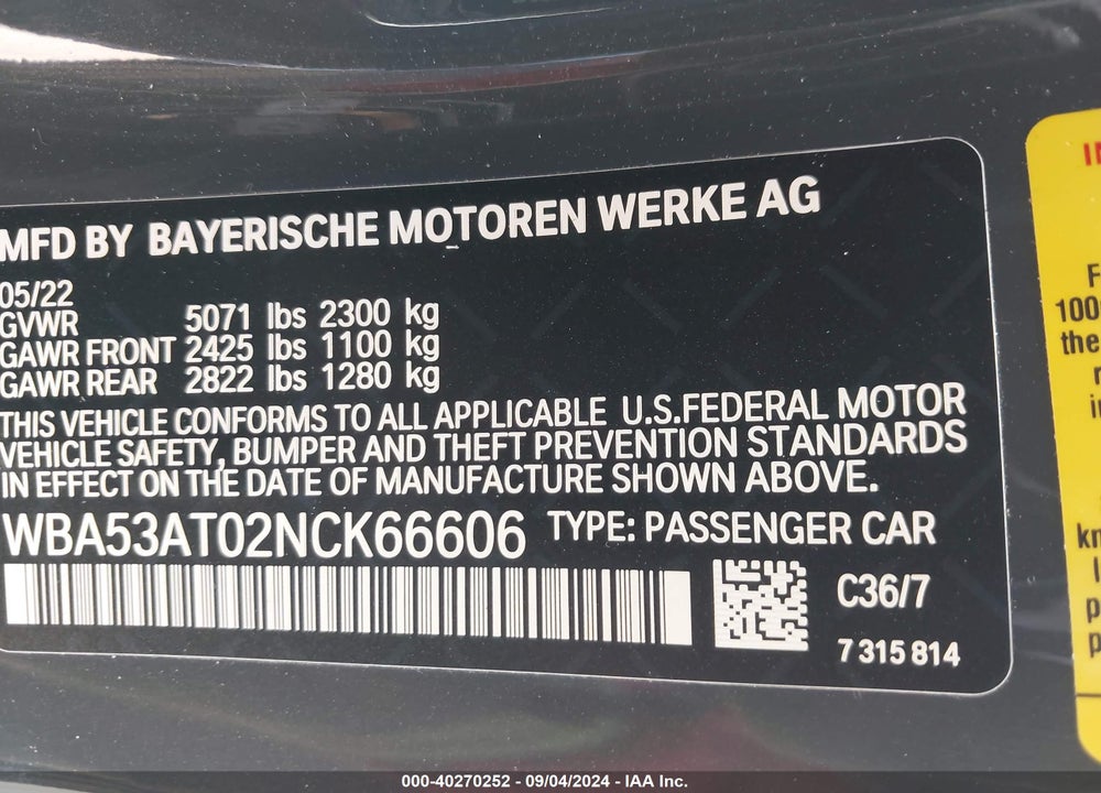 2022 BMW M440I VIN: WBA53AT02NCK66606
