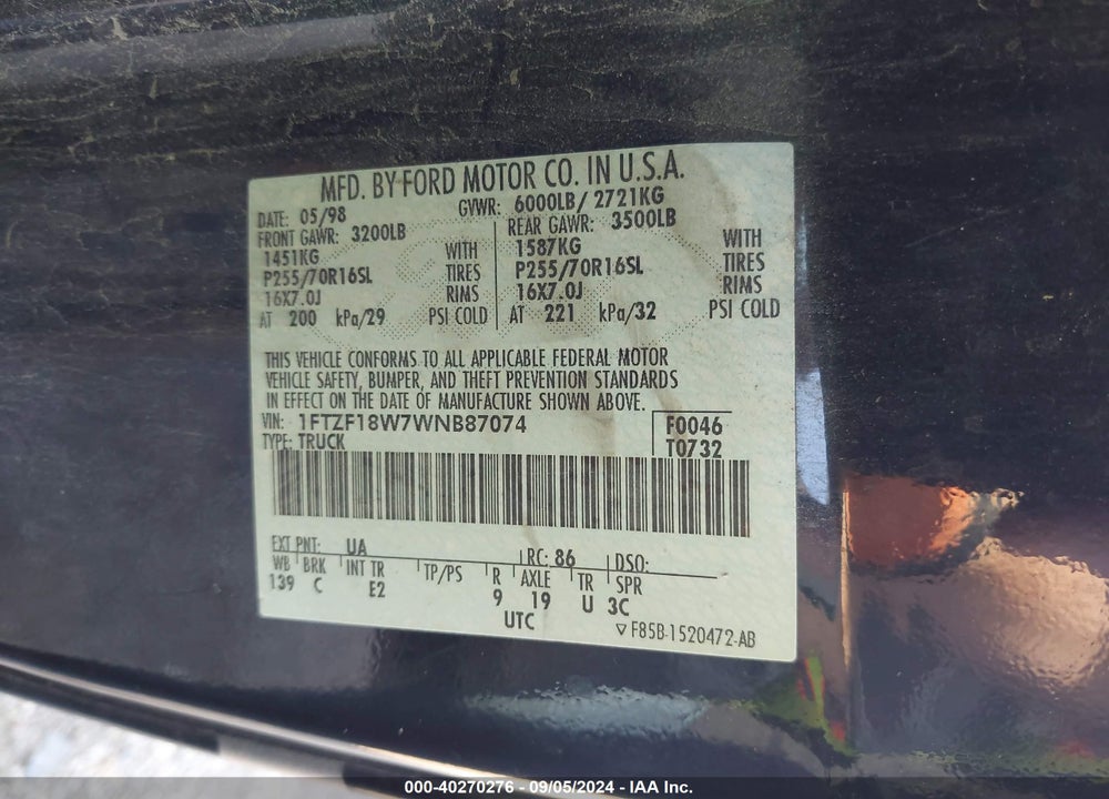 1998 FORD F-150 LARIAT/STANDARD/XL/XLT VIN: 1FTZF18W7WNB87074