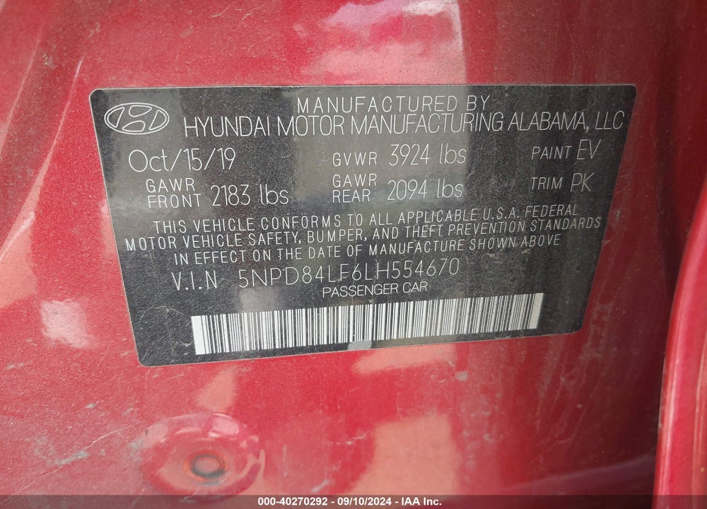 2020 HYUNDAI ELANTRA SEL VIN: 5NPD84LF6LH554670