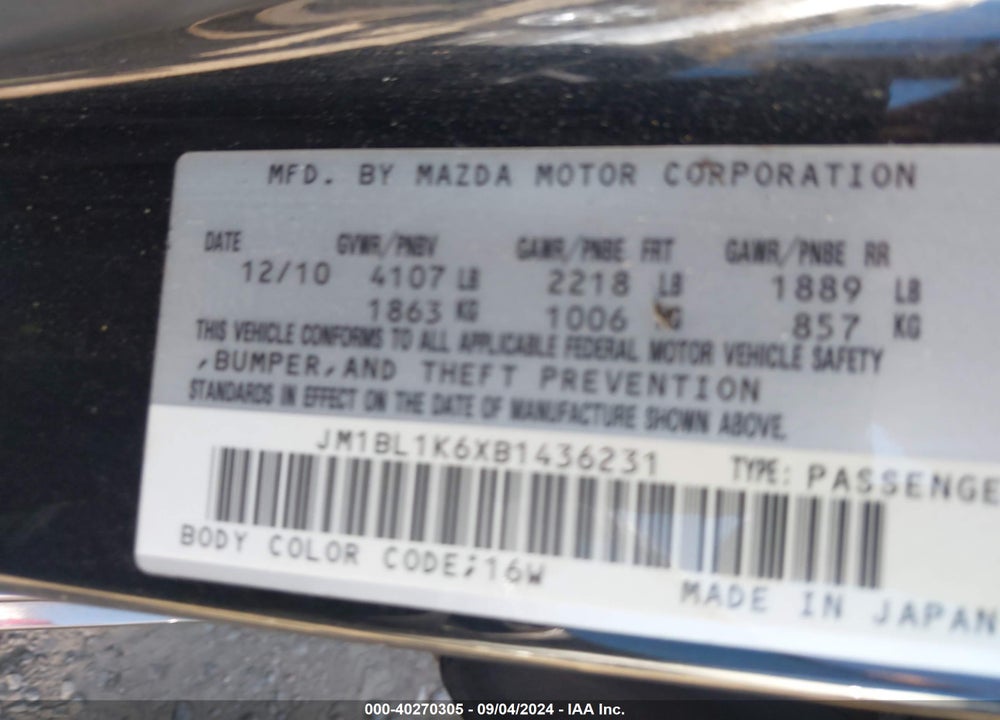 2011 MAZDA 3 S SPORT VIN: JM1BL1K6XB1436231