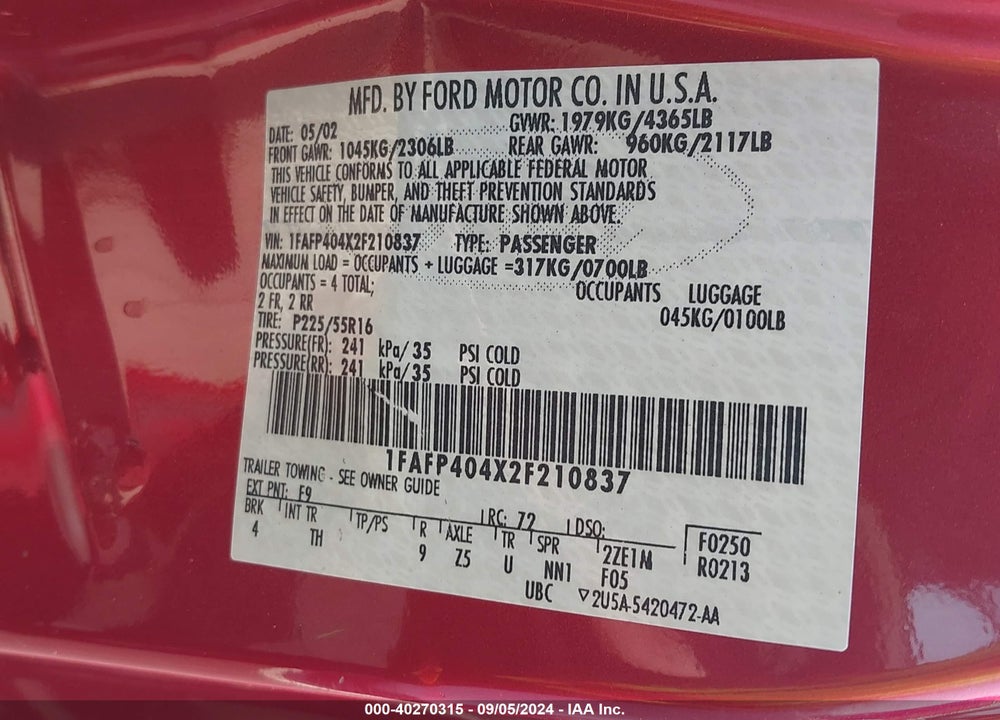 2002 FORD MUSTANG VIN: 1FAFP404X2F210837