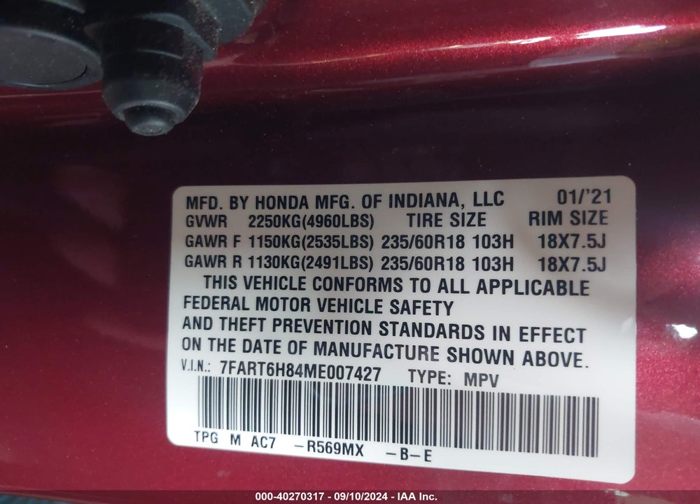 2021 HONDA CR-V HYBRID EX-L VIN: 7FART6H84ME007427